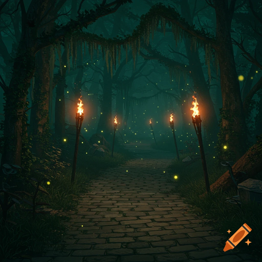 A dark, mystical forest path at night, illuminated by a series of glowing torches and numerous floating fireflies.