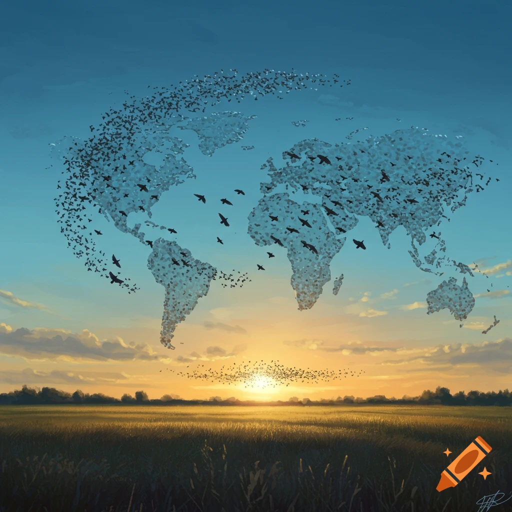 A flock of birds forms a world map in a blue sky over a sunset field.