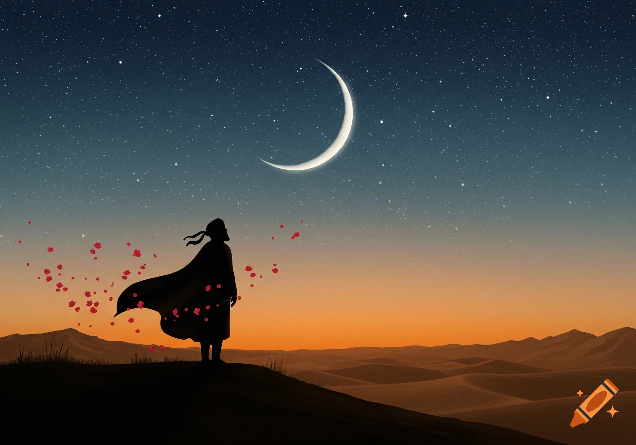 A cloaked silhouette stands on a desert dune, gazing at a crescent moon and starry night sky with floating red petals, in an illustrative style.
