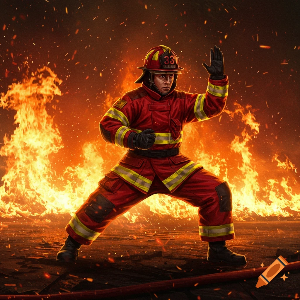 A stylized image of a firefighter in full gear striking a martial arts pose amidst a blazing inferno with flames surrounding them.