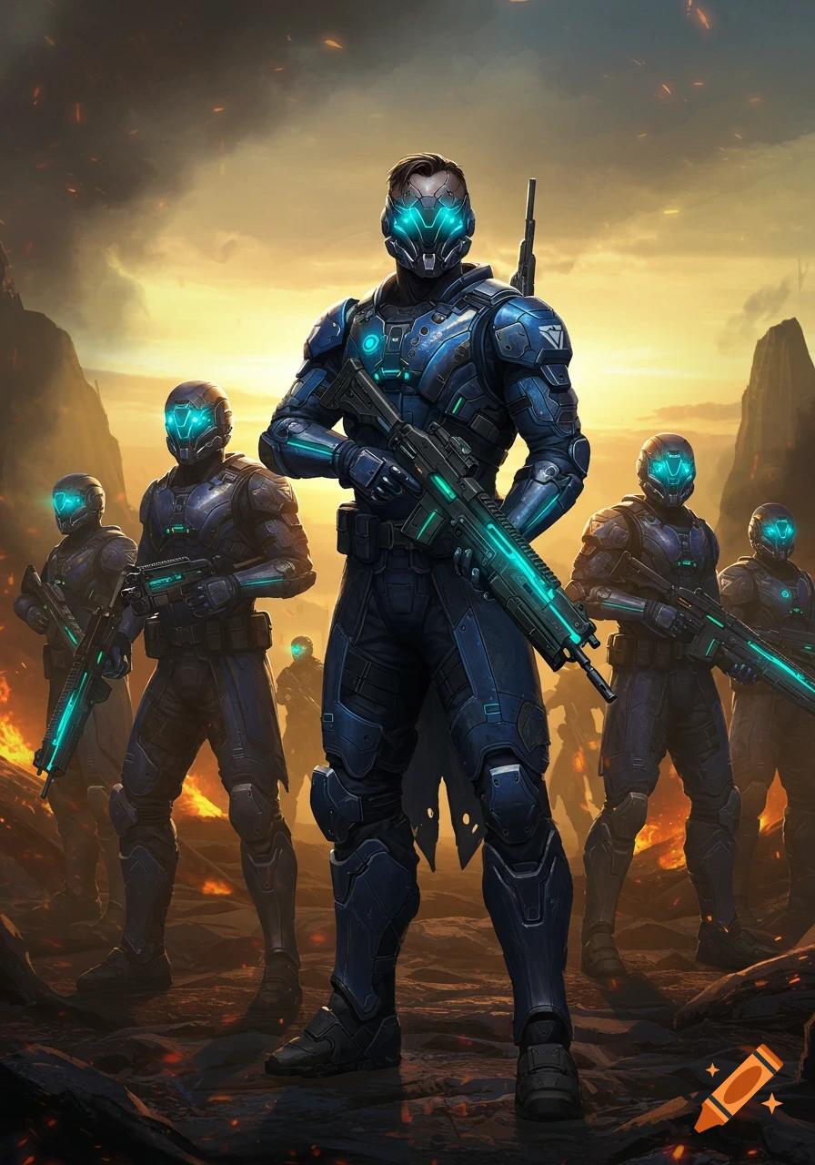 A squad of futuristic soldiers in blue armored suits with glowing weapons stand in a fiery, desolate landscape.