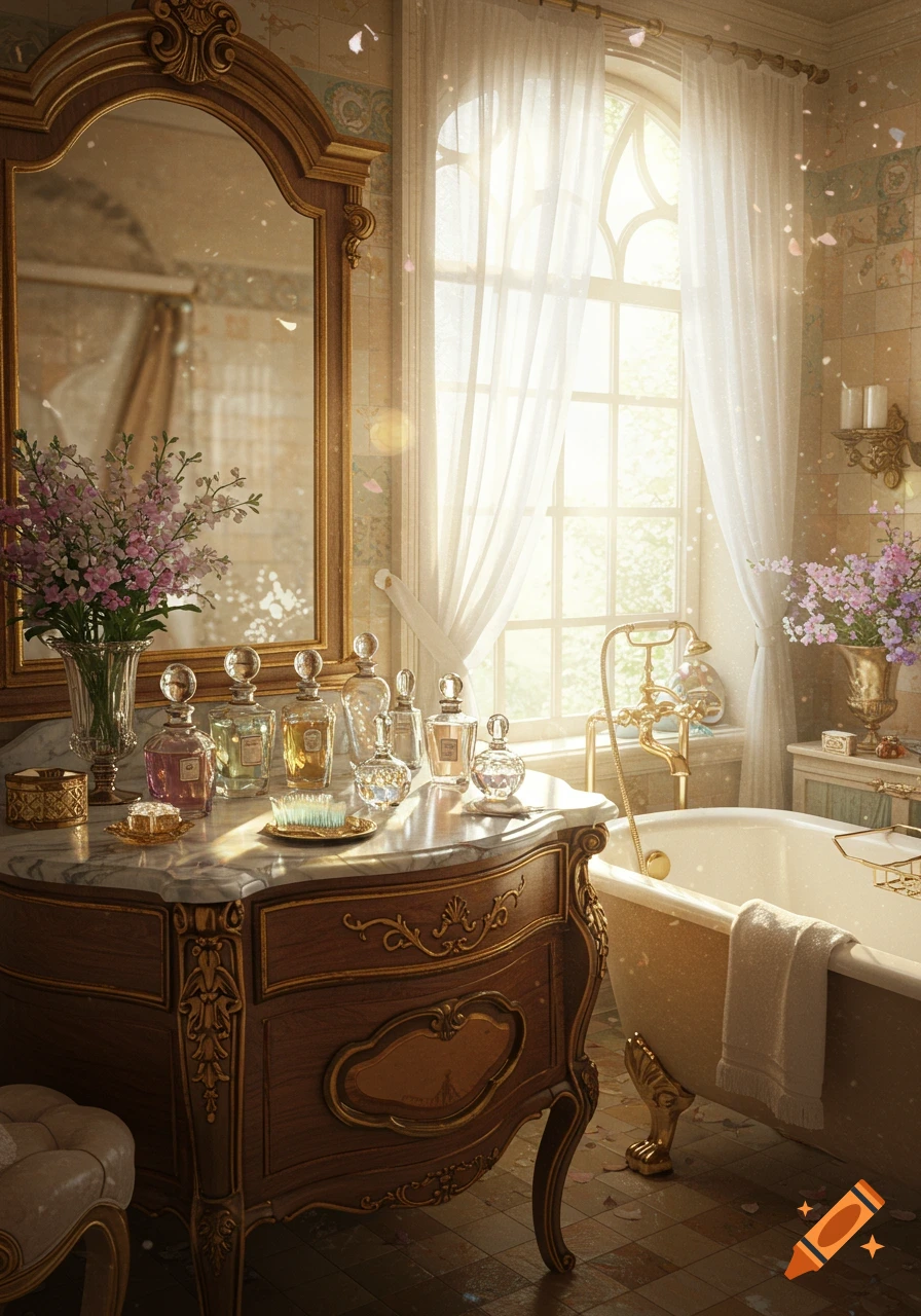 A luxurious, ornate bathroom with a gilded vanity, perfume bottles, a clawfoot tub, and sunlight streaming through a large window.