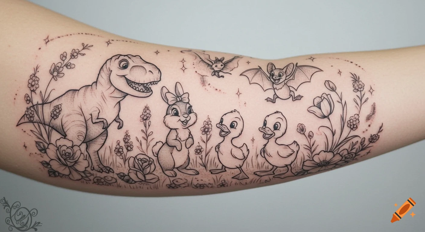 A black and grey line art tattoo on an arm, featuring a cheerful T-Rex, a bunny with a bow, two ducklings, and two bats amidst wildflowers.