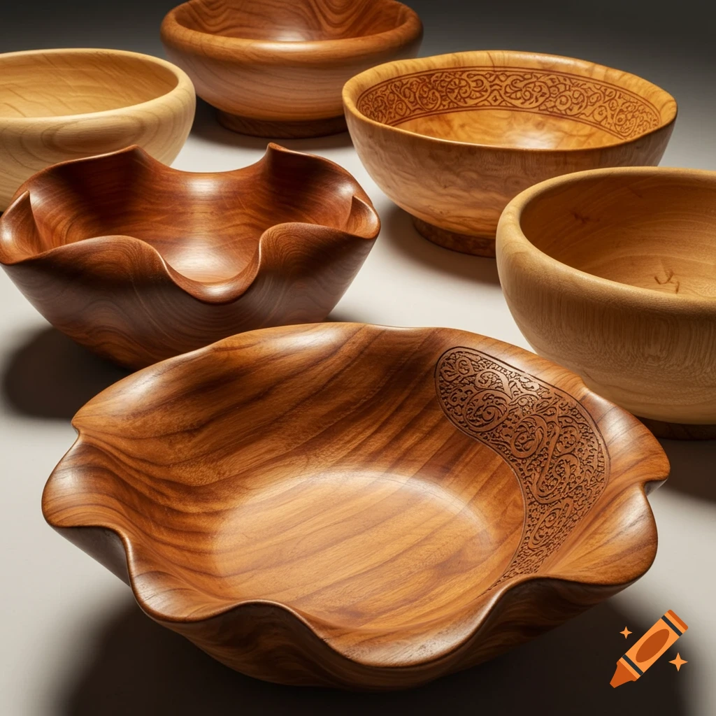 A collection of realistic, artistic wooden bowls and vessels in various shapes, some with intricate carved patterns, on a light surface.