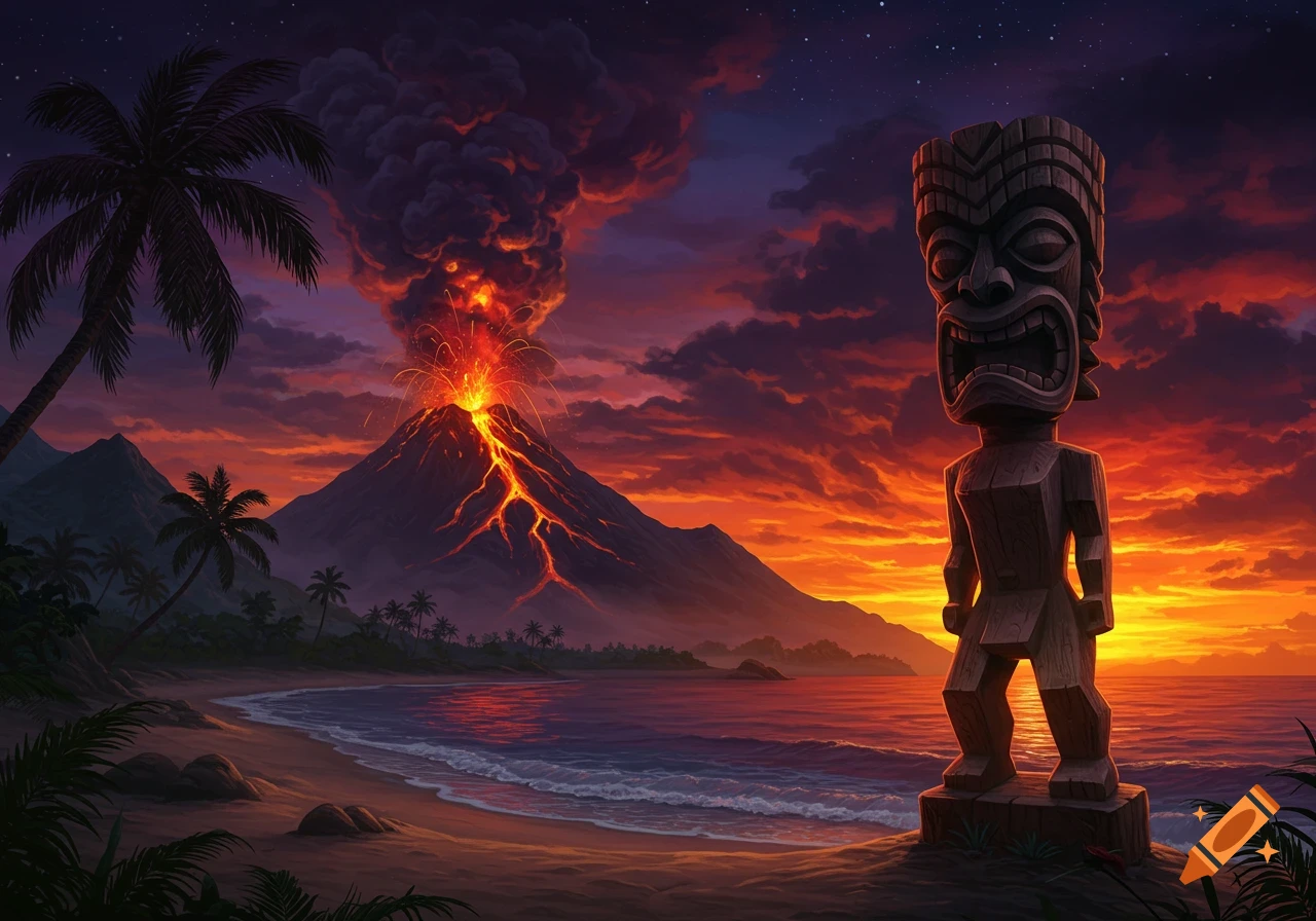 A vibrant digital painting of a large tiki statue on a tropical beach with palm trees, an erupting volcano, and a dramatic sunset.