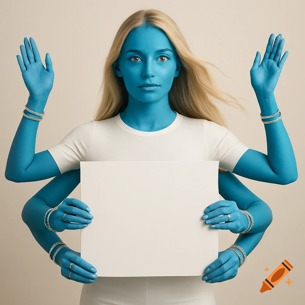 Photorealistic studio portrait of a blue-skinned, blonde woman with four arms, wearing a white shirt and holding a blank white panel.