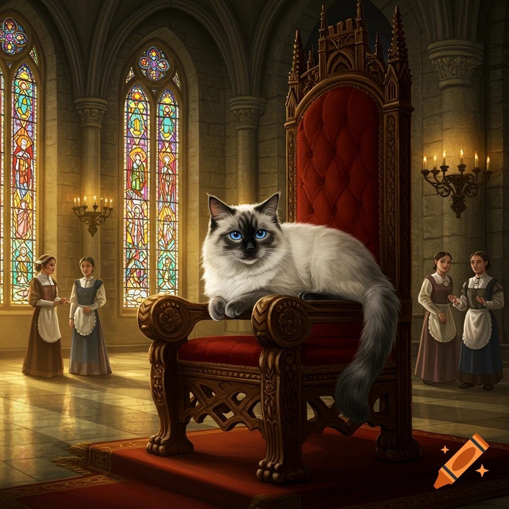 A majestic blue-eyed Ragdoll cat sits regally on a large red velvet throne in a grand castle hall with stained glass windows, attended by maids.