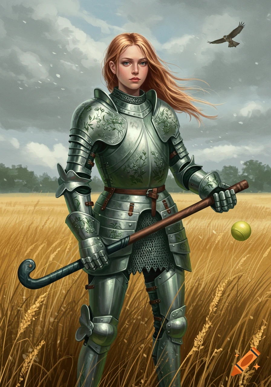 A female knight in ornate silver armor stands in a wheat field, holding a field hockey stick, with a bird flying in the sky.