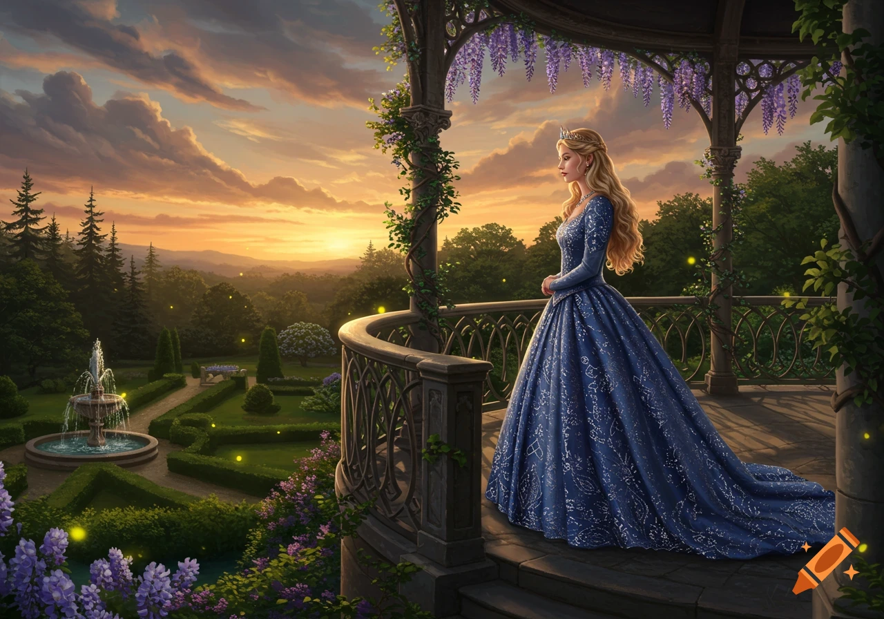 A princess in a blue gown stands on a balcony, looking over a lush garden with a fountain and glowing fireflies at sunset.