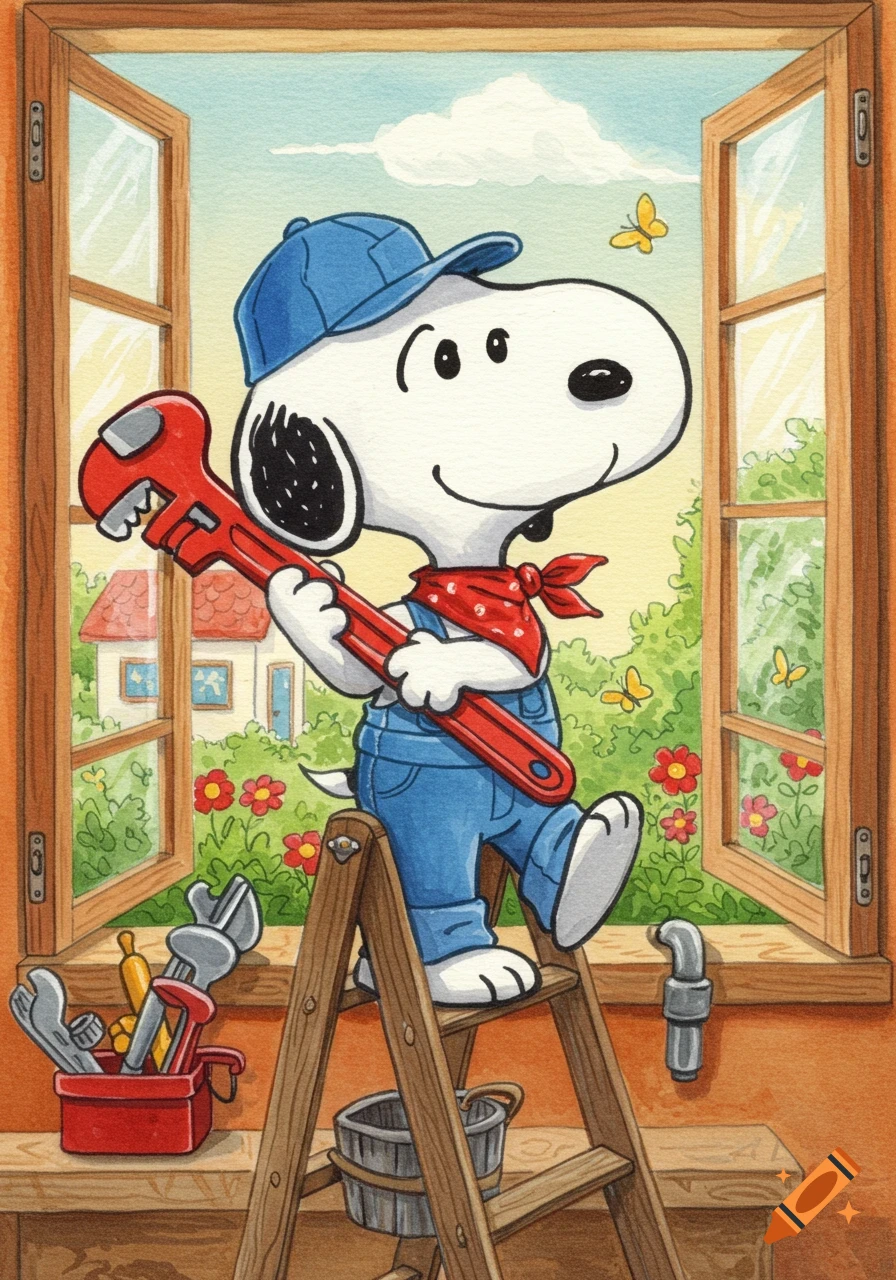 Cartoon Snoopy in blue overalls and a cap, holding a large red wrench on a ladder, looking out a window.