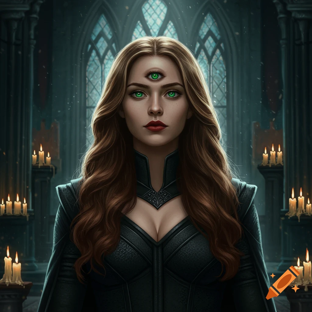 A young woman with chestnut hair and three green eyes in a black ornate outfit stands in a dark gothic cathedral with lit candles.