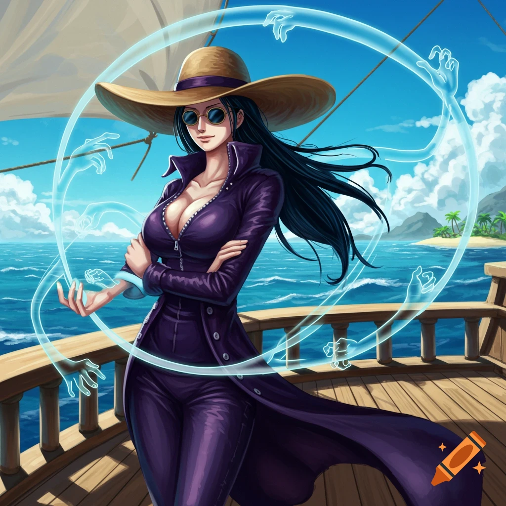 Nico Robin, a woman in a purple coat and hat, stands on a ship deck with glowing hands. Tropical ocean and island in the background, anime style.