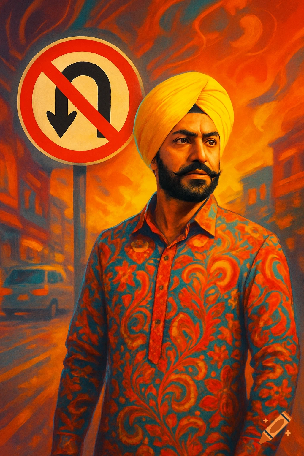 A stylized painting of a Punjabi man in a yellow turban and patterned kurta, standing next to a red no U-turn sign.