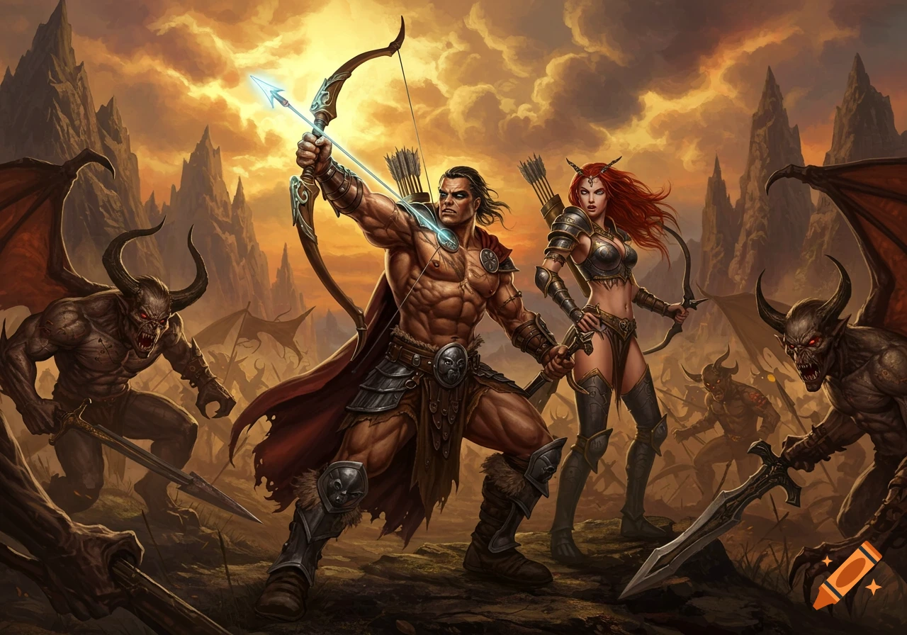Two detailed fantasy warriors, a muscular man with a glowing bow and a fierce woman, battle horned monsters in an epic landscape under a dramatic sky.