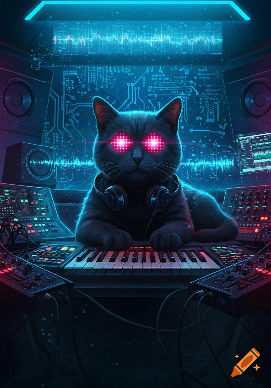 A black cat with glowing pink eyes and headphones sits at a synth keyboard in a neon blue, futuristic music studio.