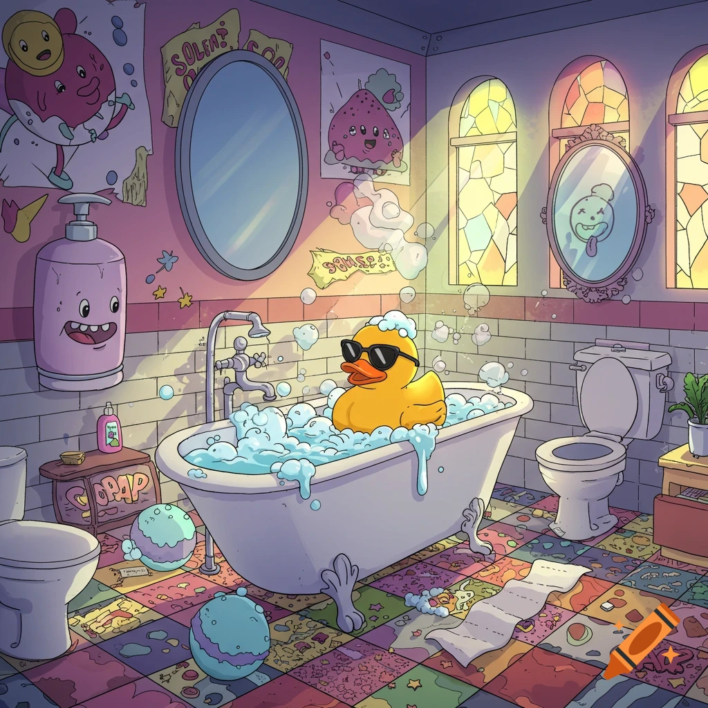 A vibrant, cartoonish illustration of a messy bathroom with a rubber duck wearing sunglasses taking a bubble bath.