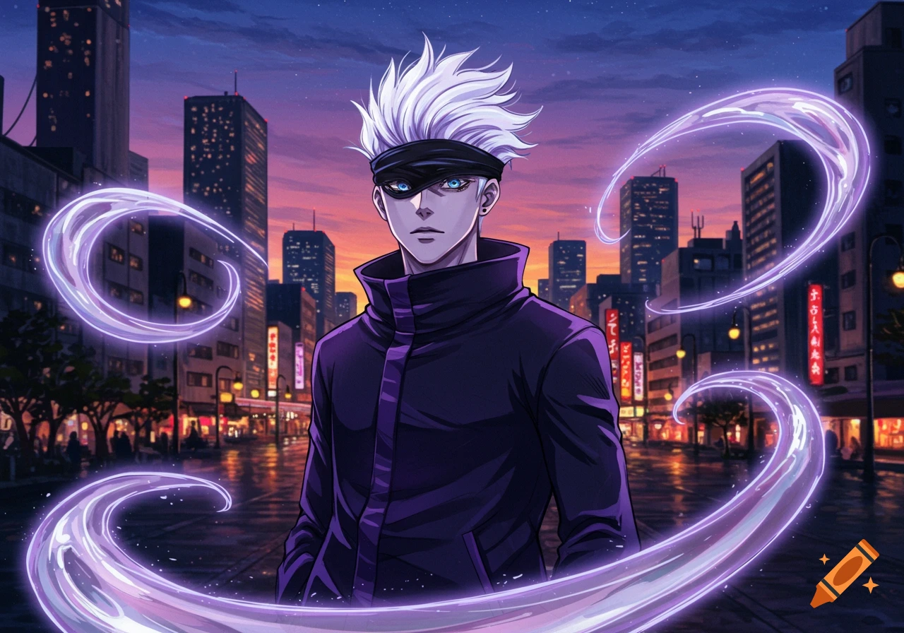 A male anime character with white spiky hair, wearing a black blindfold and a purple coat, stands in a neon-lit city street at dusk, surrounded by glowing purple energy.