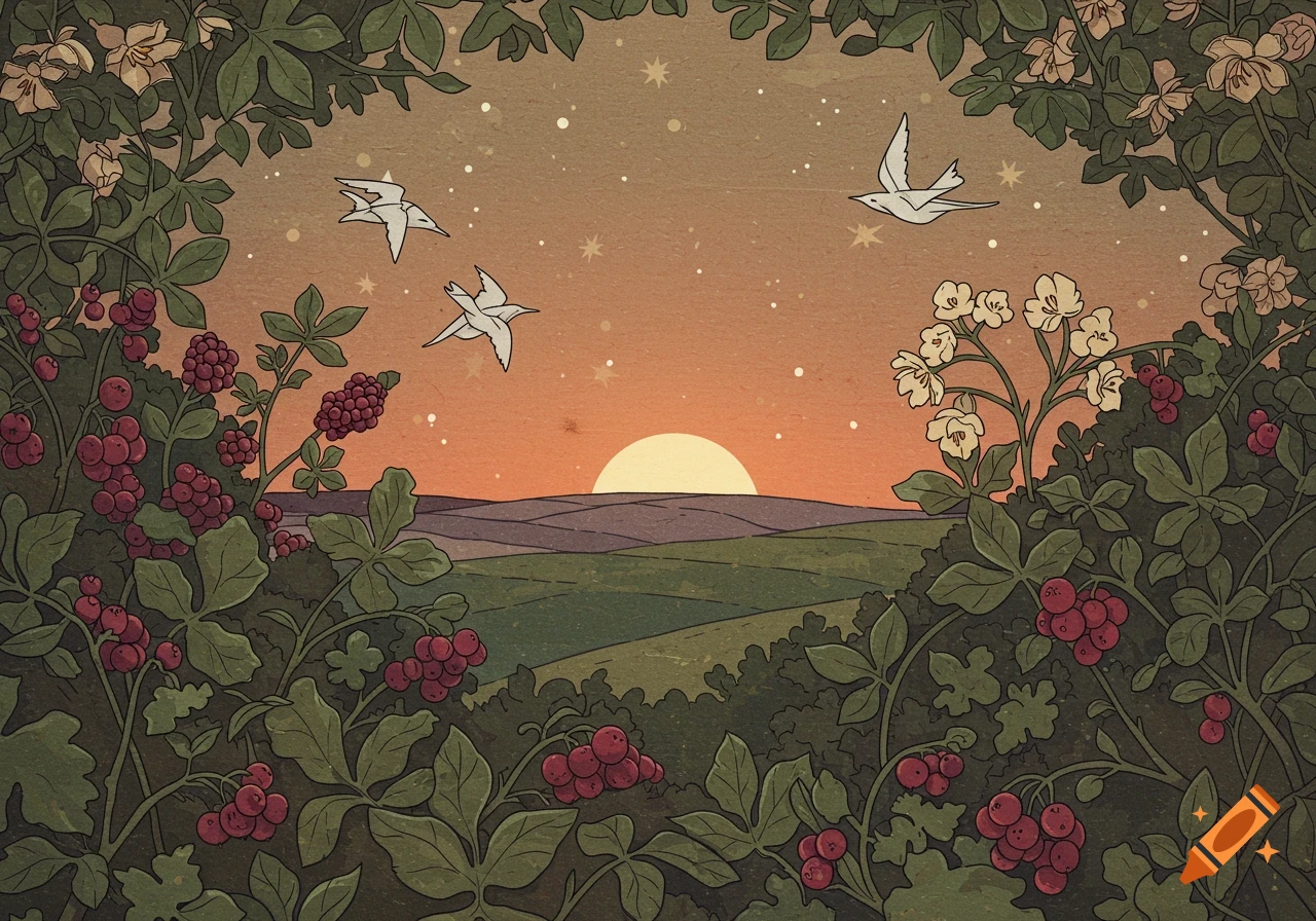A stylized woodcut-inspired landscape at sunset with birds flying, framed by lush berry bushes and flowers.