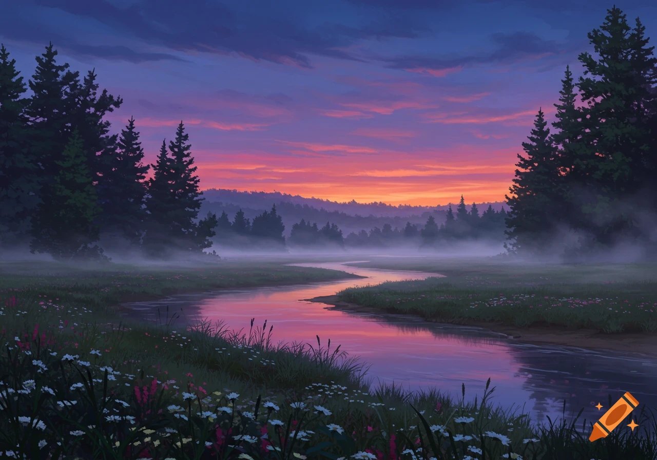 A vibrant sunset over a winding river through a misty forest meadow with wildflowers in the foreground, digital painting.