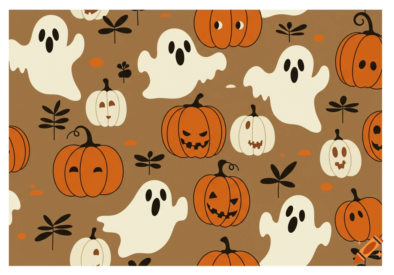 A seamless mid-century modern Halloween pattern with cute white ghosts, orange jack-o'-lanterns, and white pumpkins on a brown background.