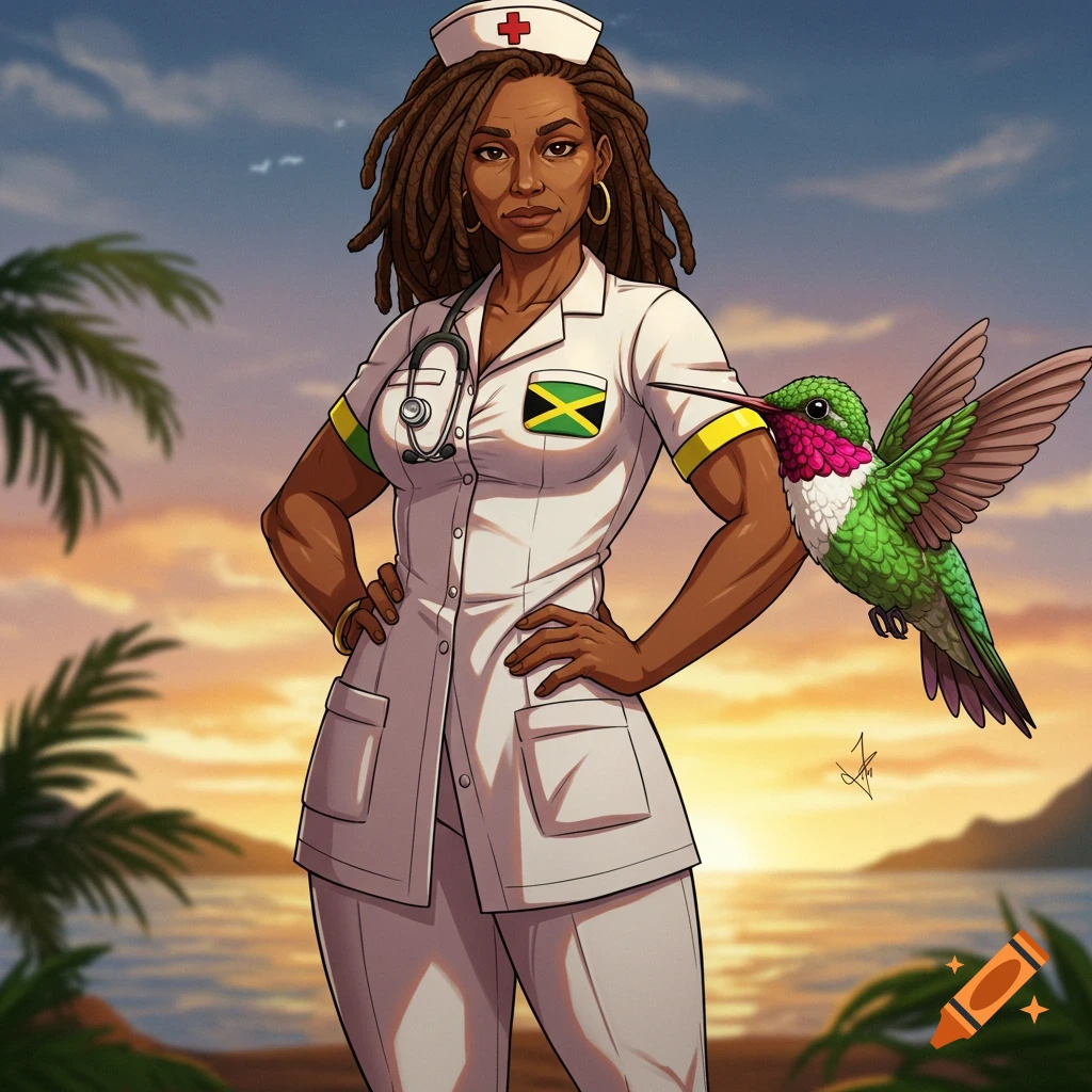 Anime-style Jamaican nurse with dreadlocks standing on a beach at sunset, with a large hummingbird perched on her arm.