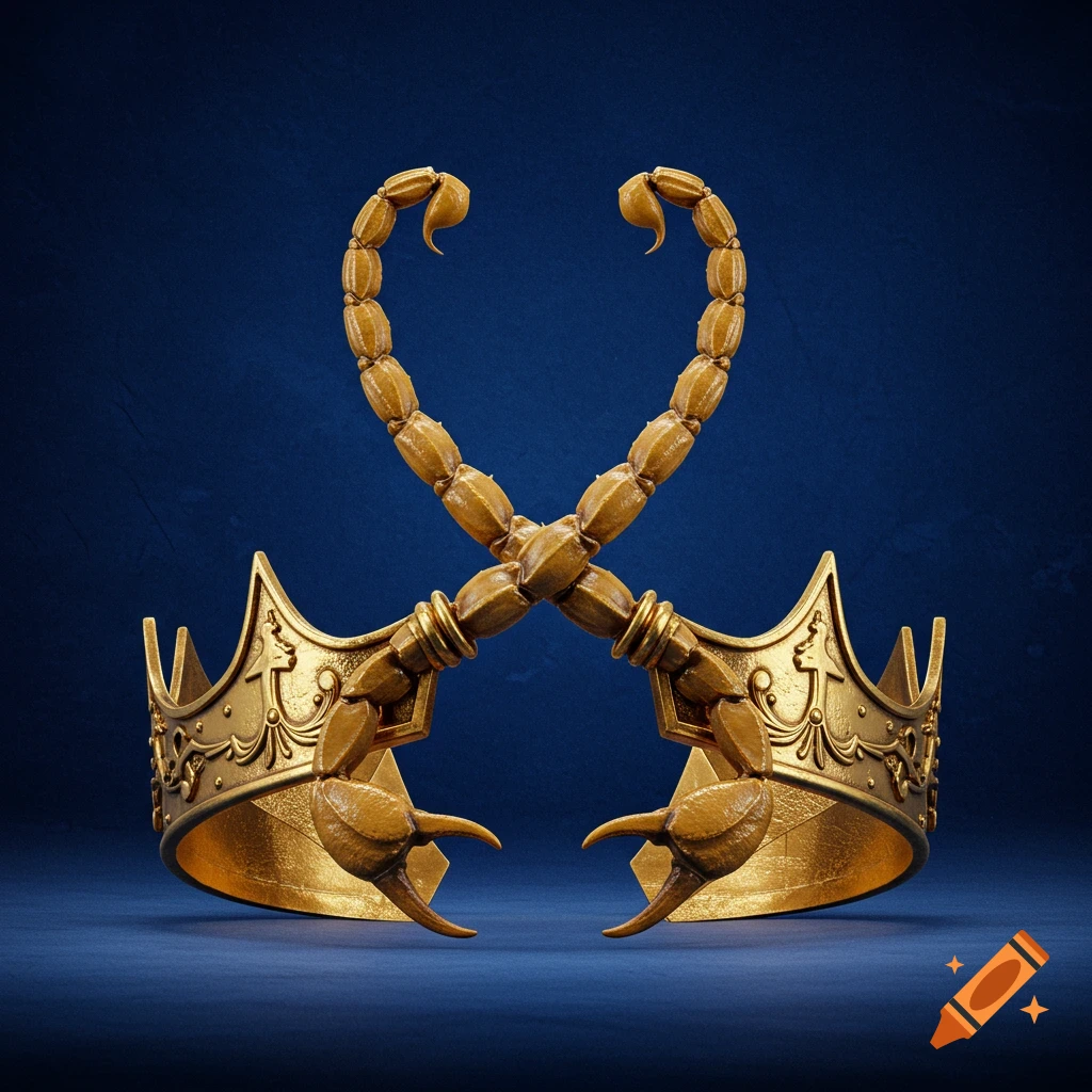 Two ornate golden crowns with scorpion tails crossing in an X-shape on a dark blue background.