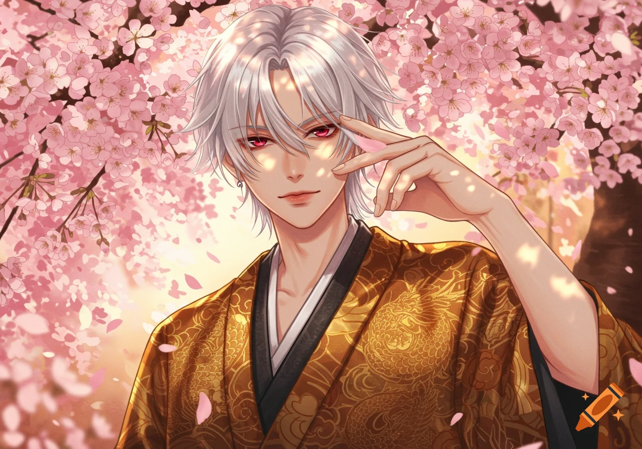 An anime boy with white hair and red eyes, wearing a gold and black kimono, stands under blooming pink cherry blossoms.