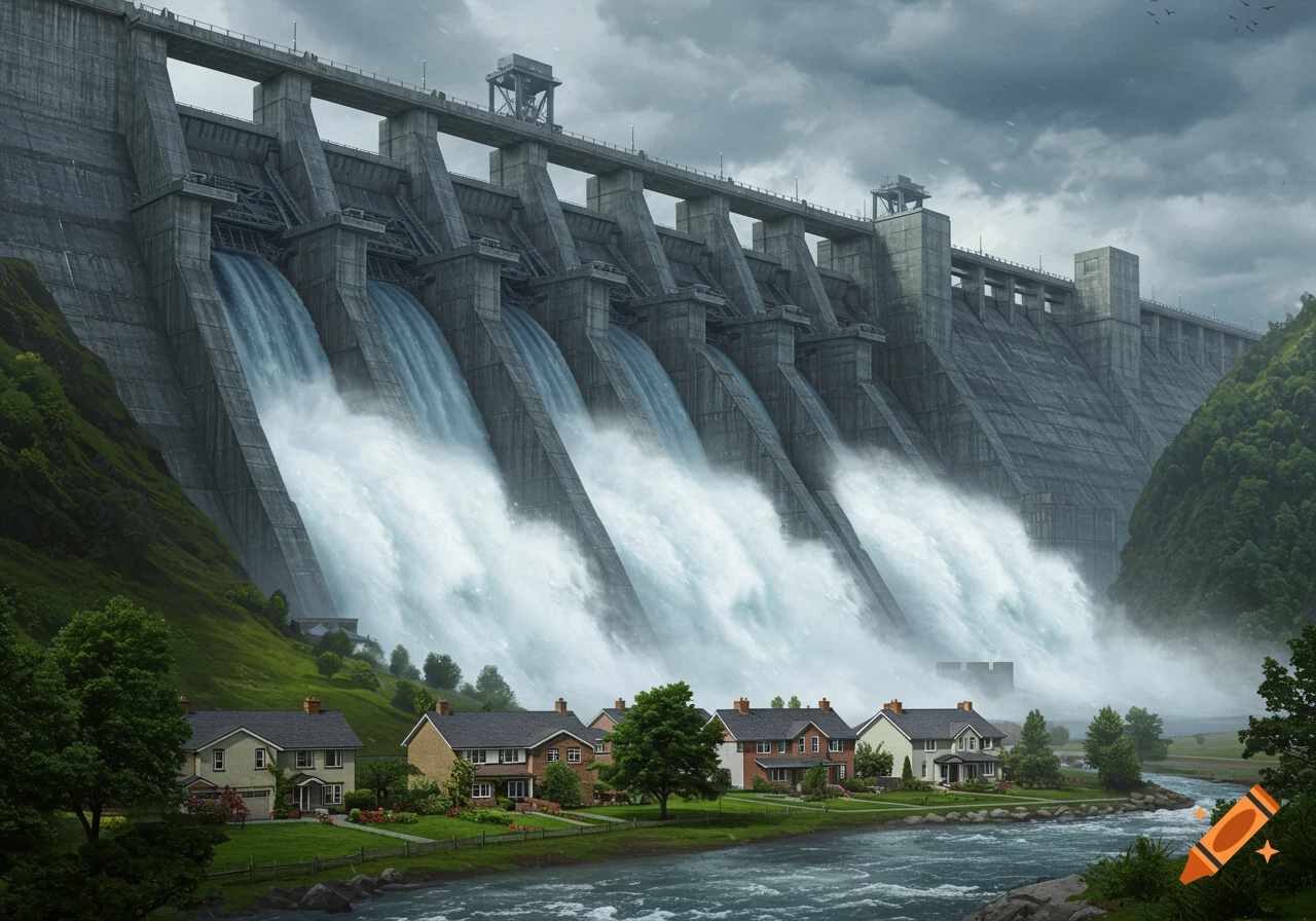 Massive concrete dam releasing large amounts of water into a river, with a residential street and houses on the bank below under a cloudy sky.