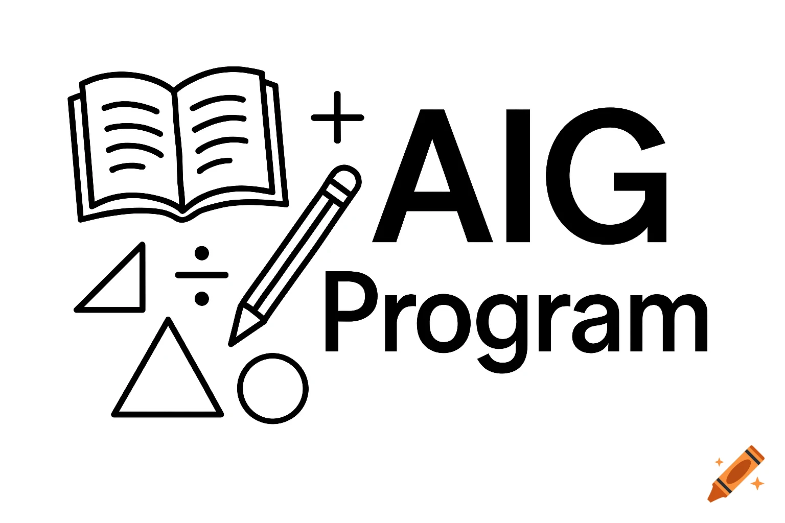 Black and white line art logo for 'AIG Program' with a book, pencil, math symbols, and geometric shapes.