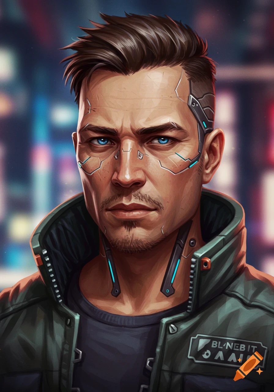 A detailed portrait of a stern-faced man with cybernetic implants and a goatee, wearing a dark jacket, against a blurred cyberpunk city background.