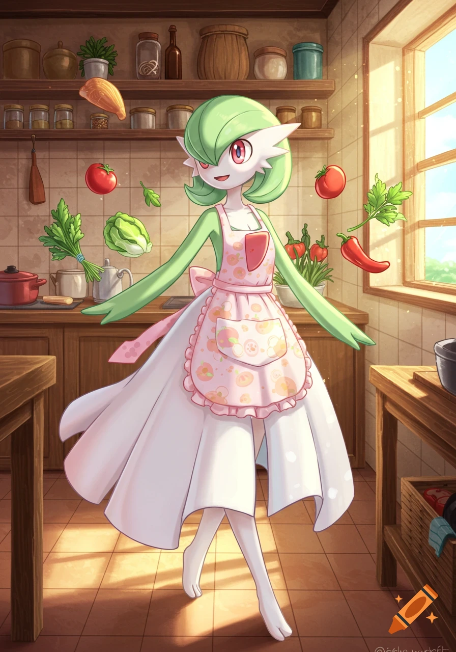 Gardevoir in an apron levitating cooking ingredients in a sunny anime kitchen, smiling happily.