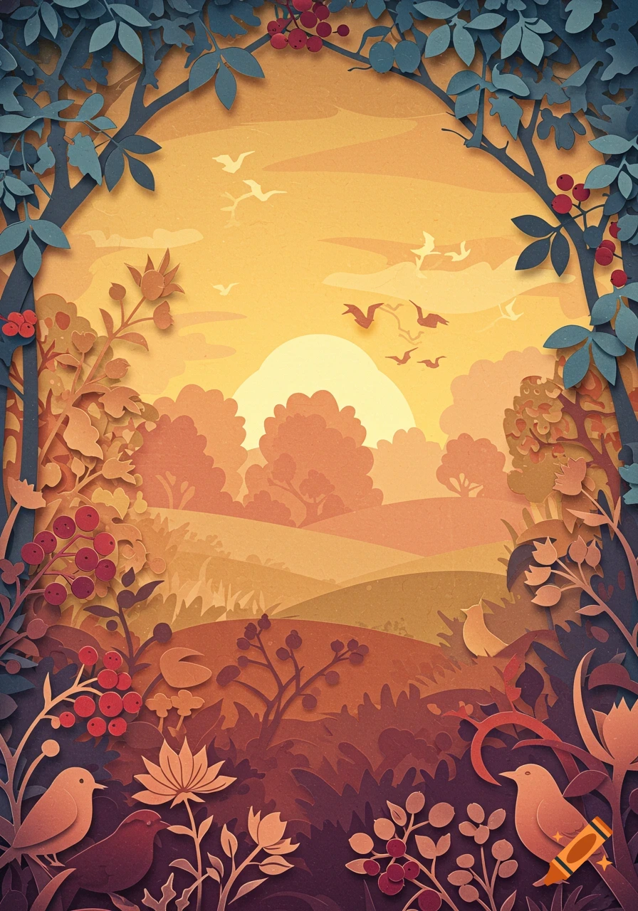 Paper-cut art of a vibrant autumn forest at sunrise with birds, trees, flowers, and berry bushes.