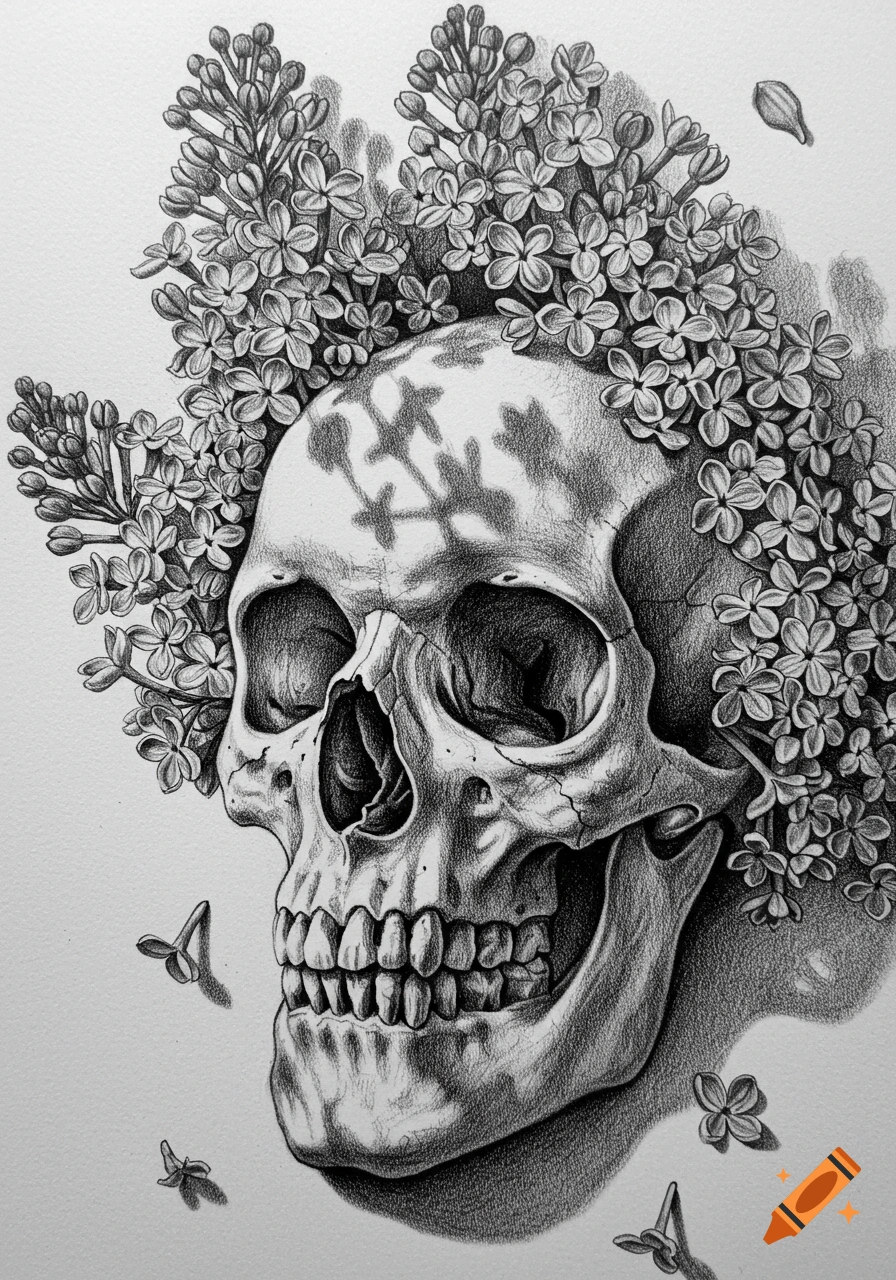 Detailed black and white pencil sketch of a human skull adorned with lilacs.