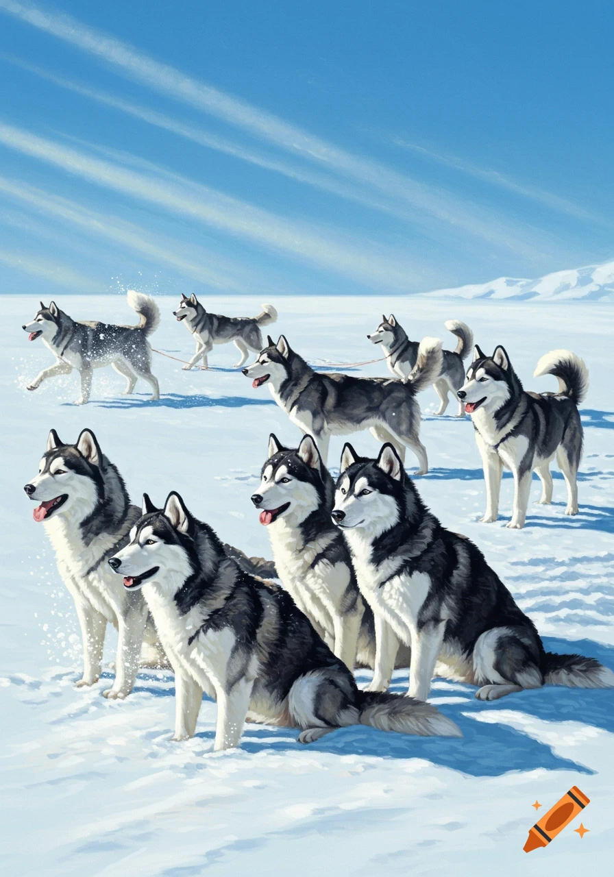 A pack of husky dogs stands and sits in a snowy landscape under a bright blue sky. Digital painting style.