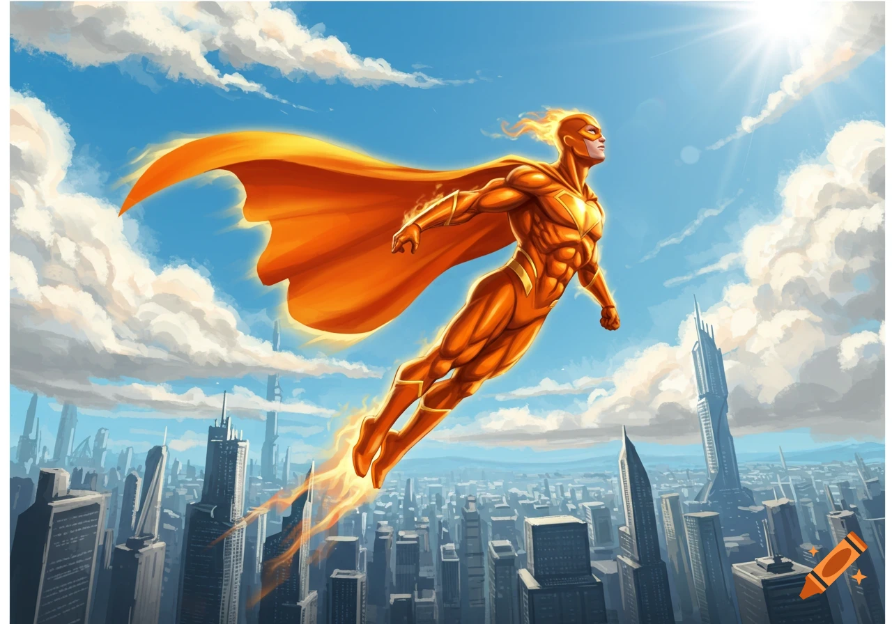 A muscular orange superhero with a flowing cape and fiery trails flies over a futuristic city under a bright blue sky, in a comic book art style.
