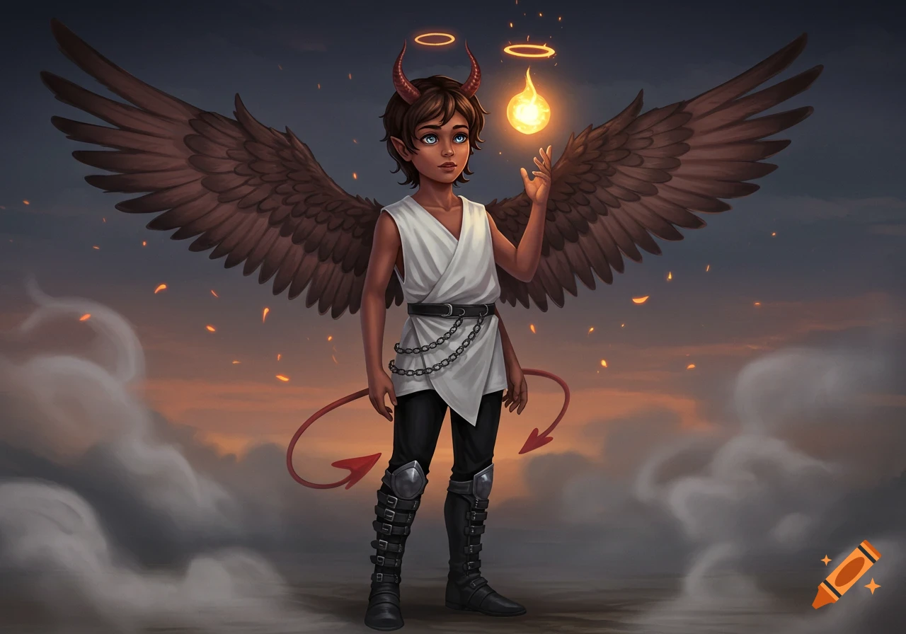 A young character with dark skin, angel wings, devil horns, and a tail, wearing a white tunic and boots, holds a glowing orb in a sunset sky.