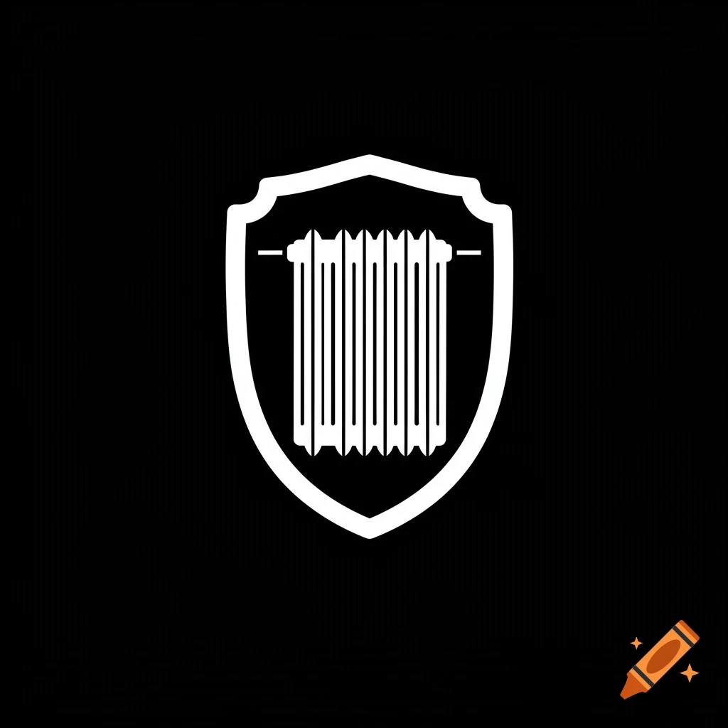 White silhouette of a heater inside a shield shape on a black background.
