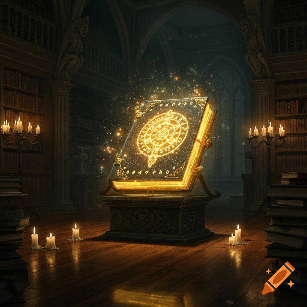 A glowing magical book with arcane symbols stands open on a pedestal in a dark, candlelit library.