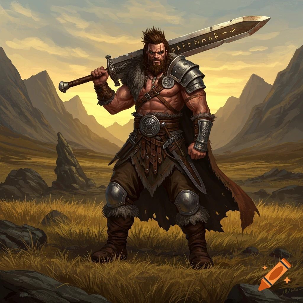 A muscular barbarian warrior with a large runic sword stands in a mountainous, golden field.