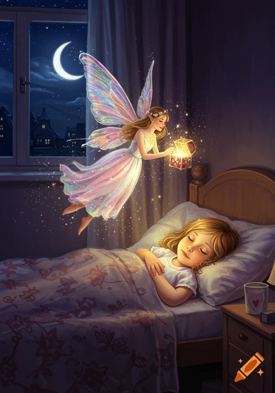 A magical fairy with iridescent wings floats over a sleeping girl, giving her a sparkling gift box in a moonlit bedroom.