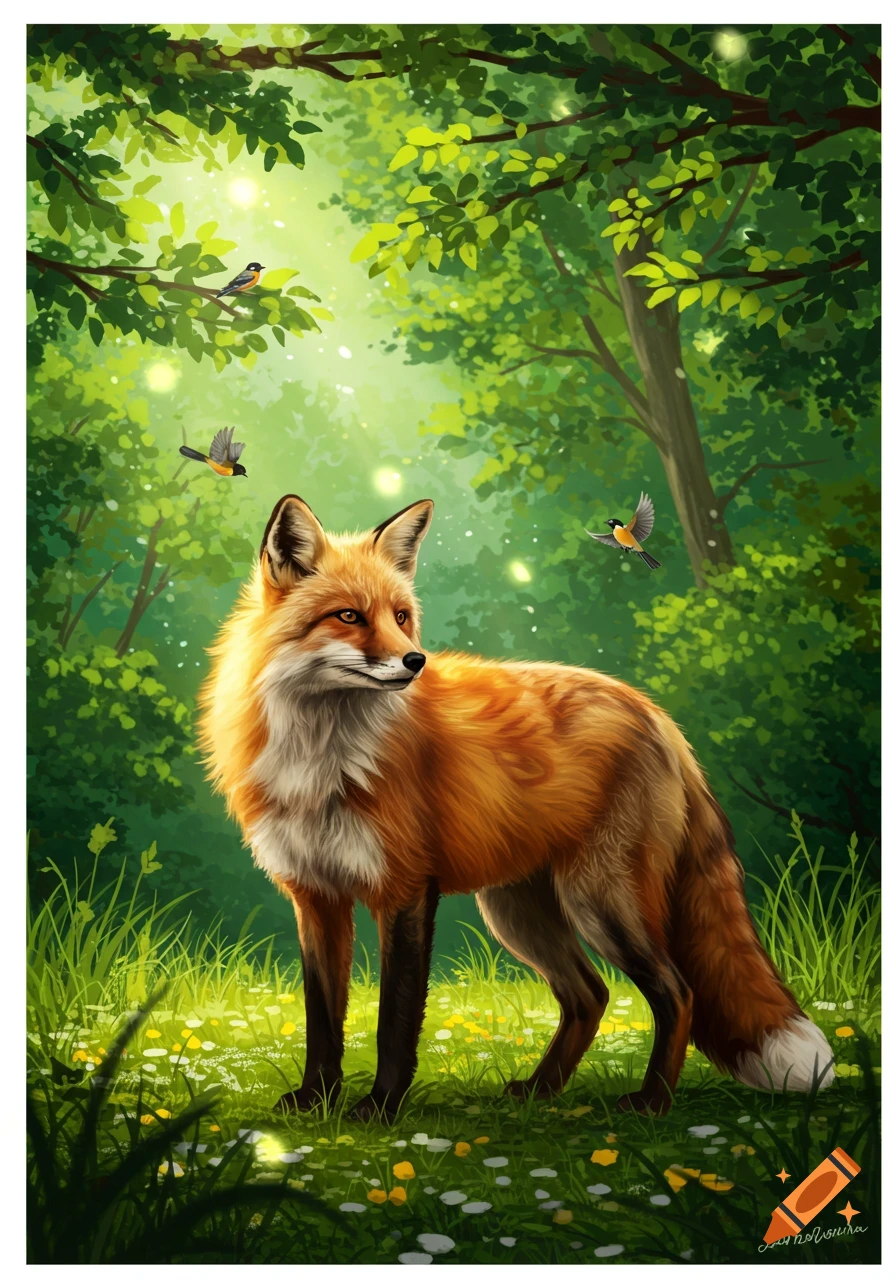 A detailed illustration of a red fox standing in a lush green forest clearing with sunlight filtering through the trees, and small birds flying overhead.