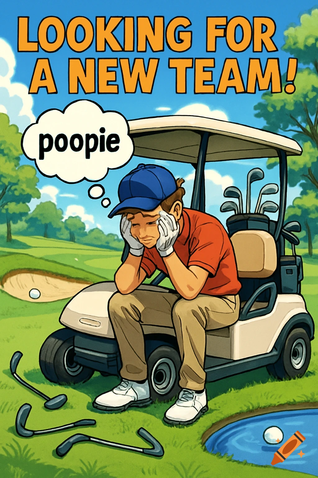 Anime drawing of a sad golfer in a golf cart with bent clubs. Text: 'LOOKING FOR A NEW TEAM!' and 'poopie' thought bubble.