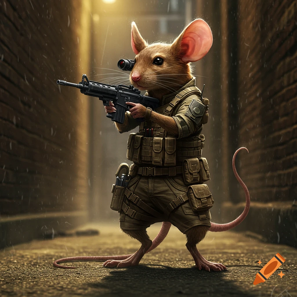 Photorealistic mouse in tactical gear aiming a rifle in a dark, rainy alleyway.