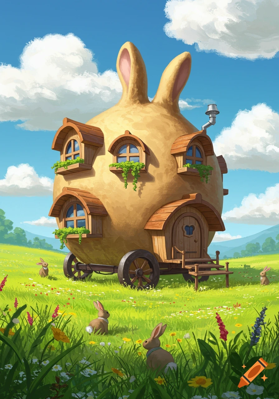 Whimsical cartoon illustration of a large, bunny-shaped house on wheels in a vibrant green field with wildflowers and small rabbits.