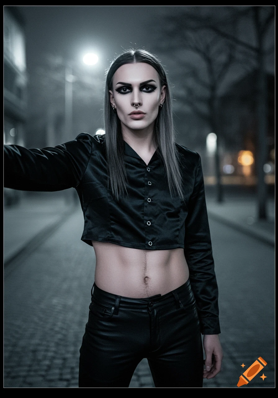 A goth person with long grey hair, heavy eyeliner, nose ring, and black crop top stands on a foggy street at night.