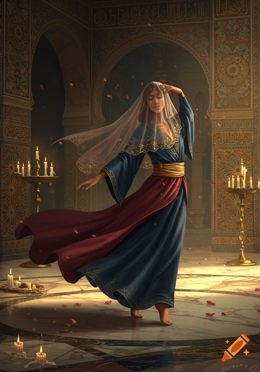 A veiled woman in a flowing blue and red dress dances in an ornate, candle-lit hall with patterned walls and arches. Fantasy art style.