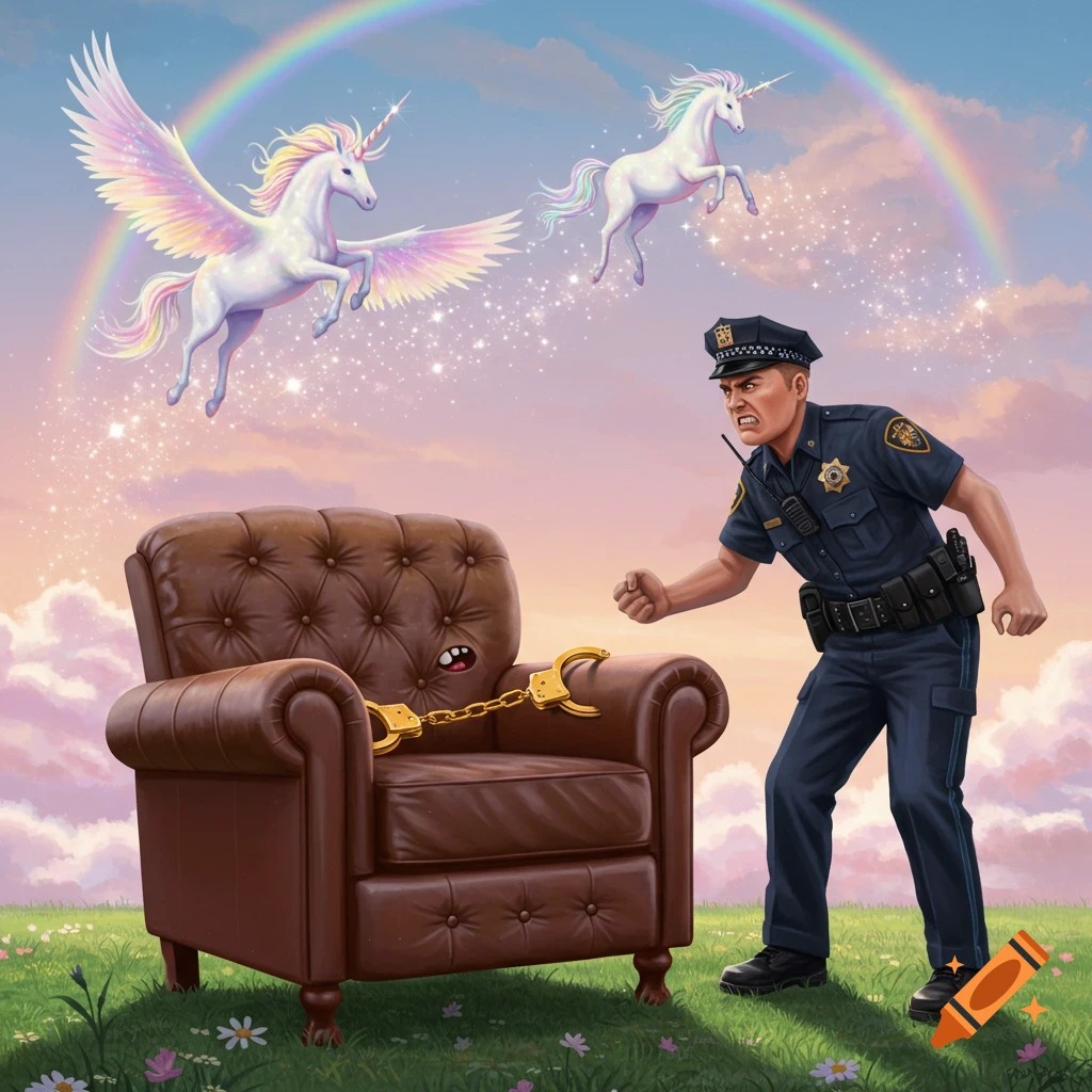 An angry police officer arrests a surprised armchair with handcuffs in a grassy field, as two unicorns fly under a rainbow.