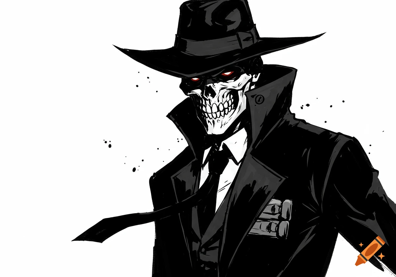 A black and white stylized illustration of a skeleton in a fedora and trench coat with glowing red eyes.