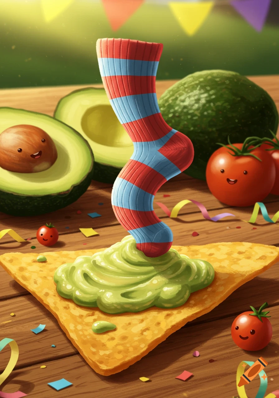 A red and blue striped sock dips into guacamole on a nacho chip, surrounded by happy cartoon avocados and tomatoes.