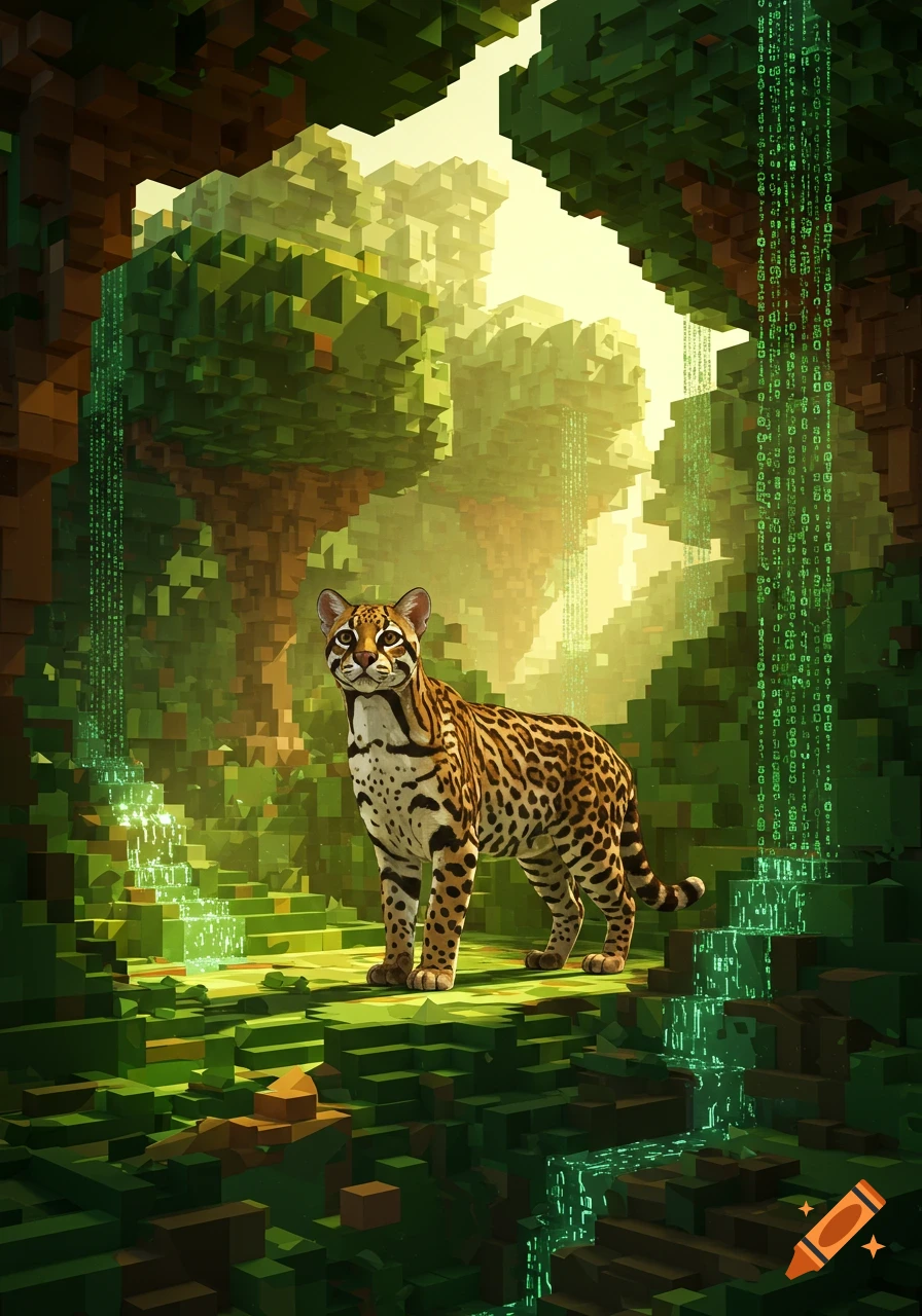 An ocelot stands in a lush cubic jungle with green binary code streaming down like waterfalls.